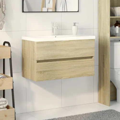 2-dijelni set kupaonskog namještaja od keramike i drva - sonoma hrast 80 x 38.5 x 45 cm sa slavinom i odvodom Cijena