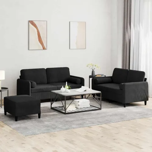 3-dijelni set sofa s jastucima crni baršunasti - Crna s jastucima i tabureom Cijena