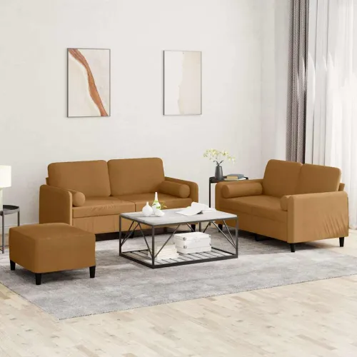3-dijelni set sofa s jastucima smeđi baršunasti - Smeđa s jastucima i tabureom Cijena