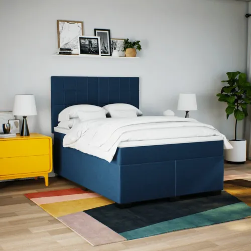 Boxspring - Krevet s oprugama i madracem plavi 140 x 190 cm od tkanine - Plava 140 x 190 cm Blok s kvadratima Plava Cijena