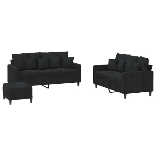 3-dijelni set sofa s jastucima crni baršunasti - Crna s jastučićima i tabureom Cijena