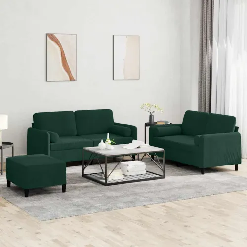 3-dijelni set sofa s jastucima tamnozeleni baršunasti - Tamnozelena s jastucima i tabureom Cijena