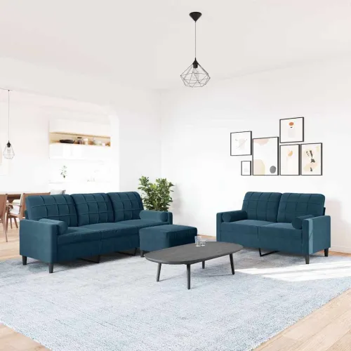 3-dijelni set sofa s jastucima plavi baršunasti - Plava 1 s jastucima i tabureom Cijena