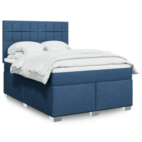 Boxspring - Krevet s oprugama i madracem plavi 140x200 cm od tkanine - Plava 140 x 200 cm Blok s kvadratima Plava Cijena