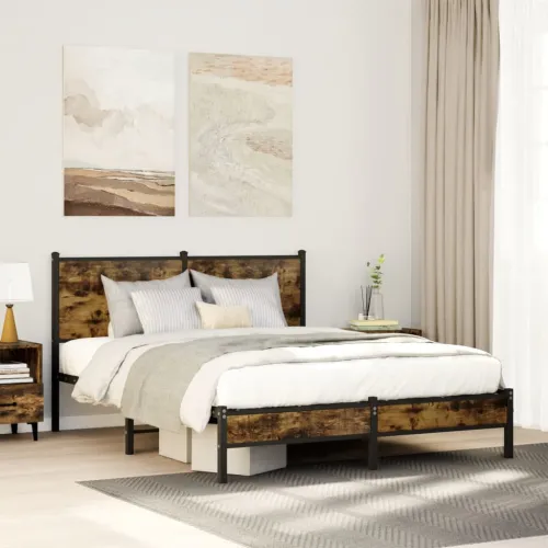 Metalni okvir kreveta bez madraca boja hrasta 150 x 200 cm - Dimljeni hrast 150 x 200 cm s uzglavljem i niskim podnožjem Cijena