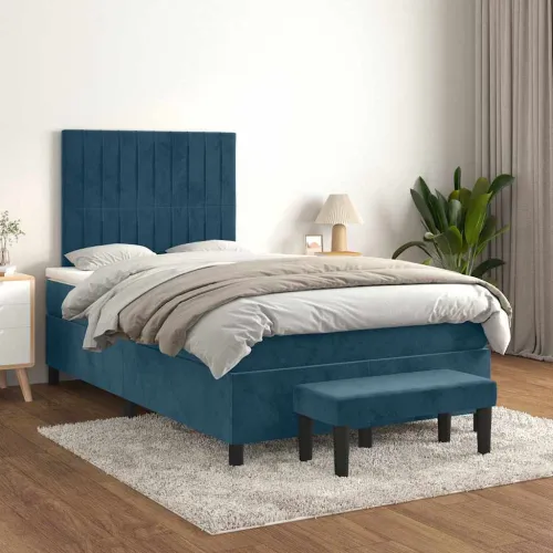 Boxspring - Krevet s oprugama i madracem tamnoplavi 120 x 190 cm baršun - Tamno plava 120 x 190 cm Okomite pruge Tamno plava Cijena