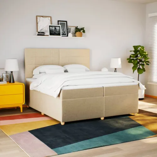 Boxspring - Krevet s oprugama i madracem krem 200 x 200 cm od tkanine - Krema 200 x 200 cm Blok s kvadratima Krema Cijena