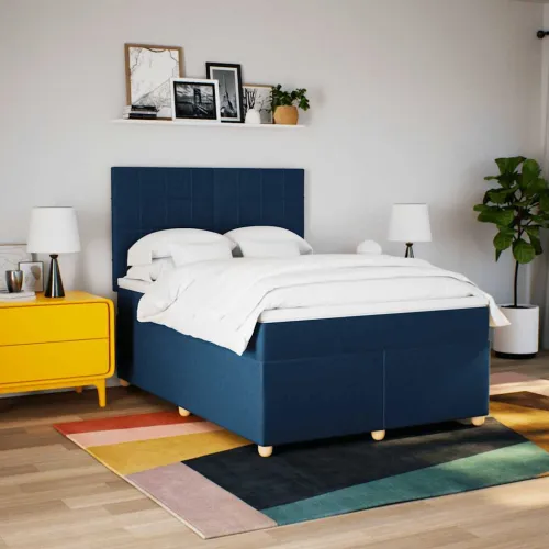Boxspring - Krevet s oprugama i madracem plavi 140 x 190 cm od tkanine - Plava 140 x 190 cm Blok s kvadratima Plava Cijena