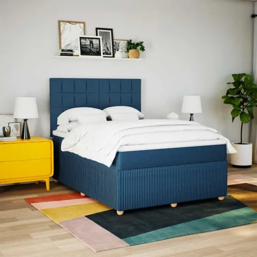 Boxspring - Krevet s oprugama i madracem plavi 140 x 190 cm od tkanine - Plava 140 x 190 cm Blok s kvadratima Plava Cijena