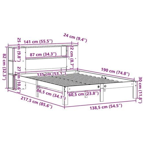 Krevet s regalom z knjige bez madraca bijeli 135x190cm borovina - Bijela 135 x 190 cm Cijena