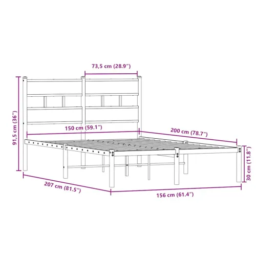 Metalni okvir kreveta bez madraca boja hrasta 150 x 200 cm - Dimljeni hrast 150 x 200 cm s uzglavljem Cijena