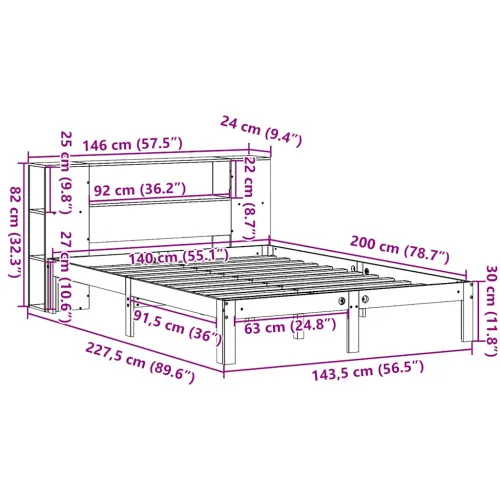 Krevet s regalom z knjige bez madraca bijeli 140x200cm borovina - Bijela 140 x 200 cm Cijena