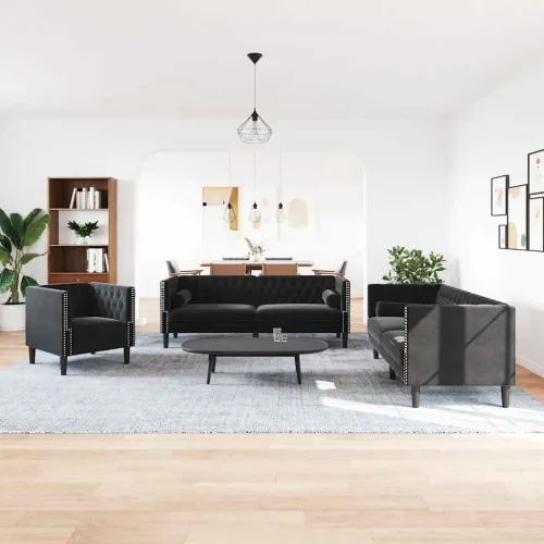 3-dijelni set sofa Chesterfield crni baršunasti - Crna 3 Cijena