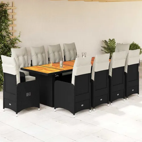11-dijelni vrtni bistro set od poliratana s jastucima crni - Bez naslona za noge boja drva 10 Cijena