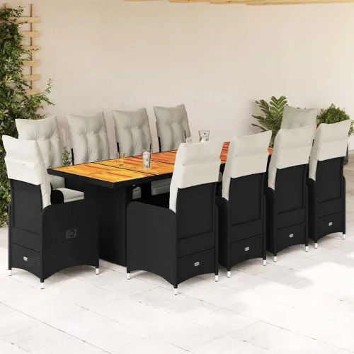 11-dijelni vrtni bistro set od poliratana s jastucima crni - Crna boja drva 10 Cijena
