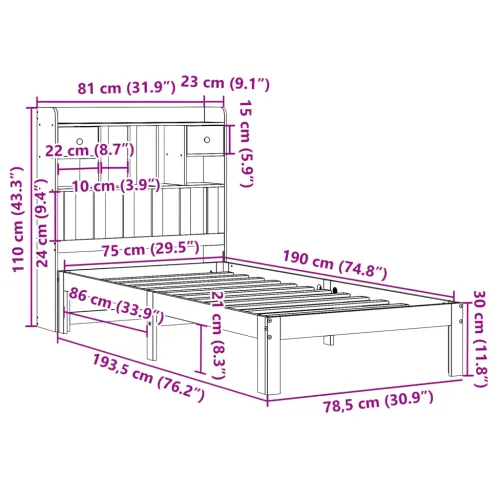 Krevet s regalom za knjige bez madraca 75 x 190 cm od borovine - Voštano smeđa 75 x 190 cm Cijena