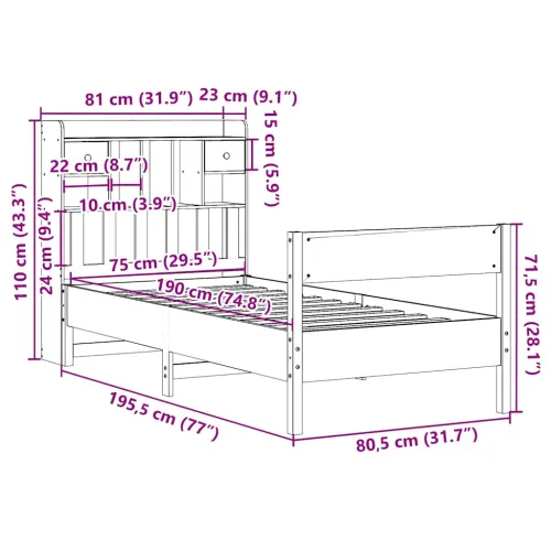 Krevet s regalom za knjige bez madraca 75x190 cm borovina - Prirodna 75 x 190 cm Cijena