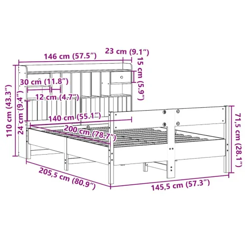 Krevet s regalom z knjige bez madraca bijeli 140x200cm borovina - Bijela 140 x 200 cm Cijena