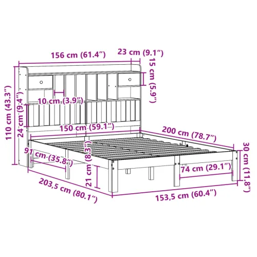 Krevet s regalom z knjige bez madraca bijeli 150x200cm borovina - Bijela 150 x 200 cm Cijena