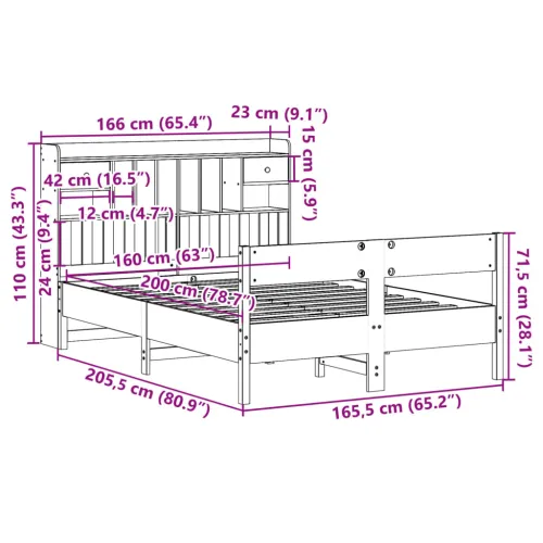 Krevet s regalom z knjige bez madraca bijeli 160x200cm borovina - Bijela 160 x 200 cm Cijena