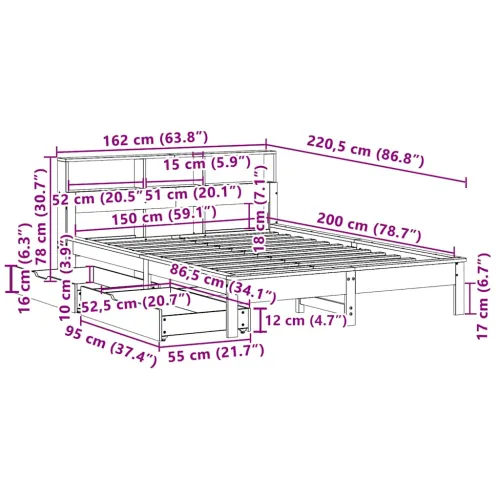 Krevet s regalom z knjige bez madraca bijeli 150x200cm borovina - Bijela 150 x 200 cm Cijena