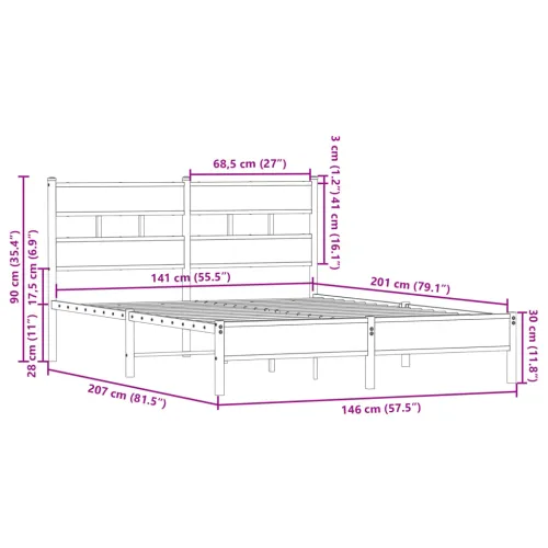 Okvir kreveta bez madraca s uzglavljem boja hrasta 140x200 cm - Dimljeni hrast 140 x 200 cm s uzglavljem i niskim podnožjem Cijena