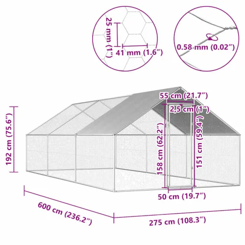 Vanjski kavez za kokoši od pocinčanog čelika 2,75 x 6 x 1,92 m - 2.75 x 6 x 1.92 m Cijena