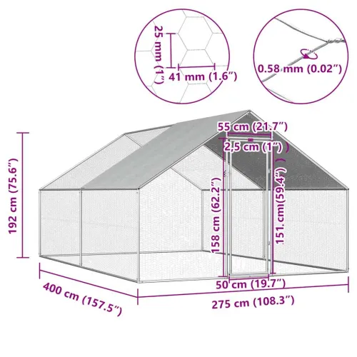 Vanjski kavez za kokoši od pocinčanog čelika 2,75 x 4 x 1,92 m - 2.75 x 4 x 1.92 m Cijena