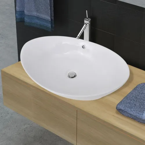 Luksuzni keramički bijeli ovalni Lavabo - Umivaonik sa preljevom, 59 x 38,5 cm - Bijela Bijela Cijena