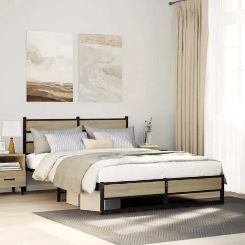 Metalni okvir kreveta bez madraca boja hrasta sonome 140x200 cm - sonoma hrast 140 x 200 cm s uzglavljem i dvostrukim niskim pod Cijena