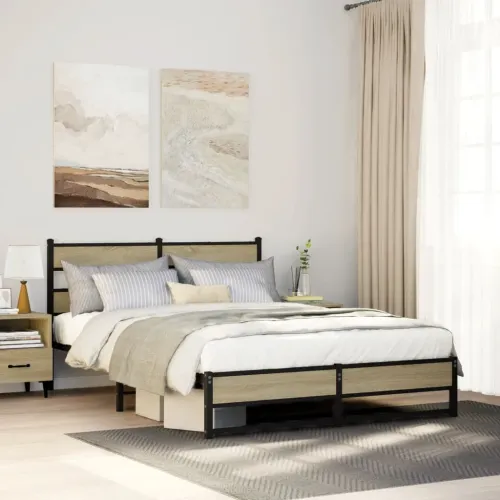 Metalni okvir kreveta bez madraca boja hrasta sonome 150x200 cm - sonoma hrast 150 x 200 cm s uzglavljem i dvostrukim niskim pod Cijena