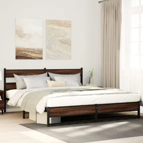 Metalni okvir kreveta bez madraca smeđa boja hrasta 183x213 cm - Smeđi hrast 183 x 213 cm s uzglavljem i dvostrukim niskim podno Cijena