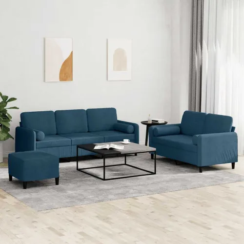 3-dijelni set sofa s jastucima plavi baršunasti - Plava 1 s jastucima i tabureom Cijena