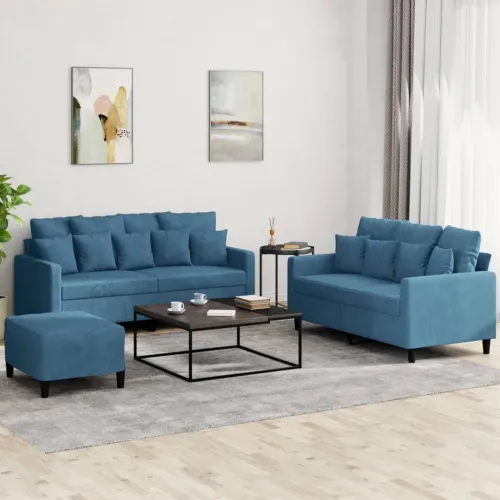 3-dijelni set sofa s jastucima plavi baršunasti - Plava s jastučićima i tabureom Cijena