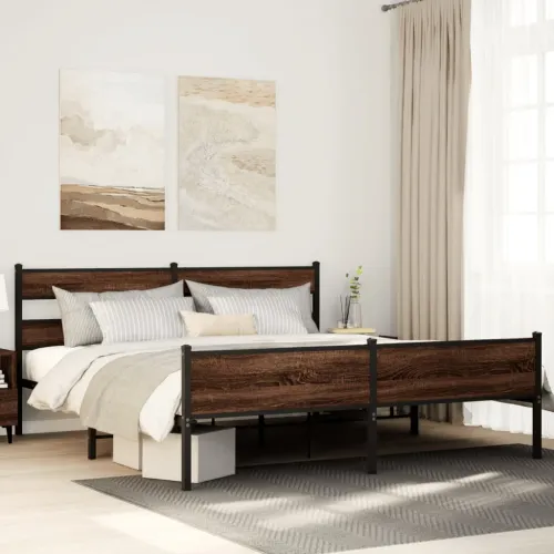 Metalni okvir kreveta bez madraca smeđa boja hrasta 193x203 cm - Smeđi hrast 193 x 203 cm s uzglavljem i visokim podnožjem Cijena