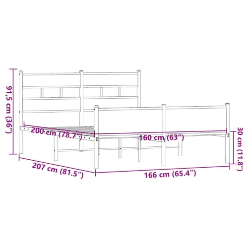 Metalni okvir kreveta bez madraca smeđa boja hrasta 160x200 cm - Smeđi hrast 160 x 200 cm s uzglavljem i visokim podnožjem Cijena
