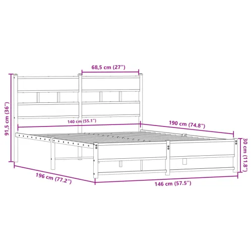Metalni okvir kreveta bez madraca boja hrasta 140x190 cm - Dimljeni hrast 140 x 190 cm s uzglavljem i dvostrukim niskim podnožje Cijena