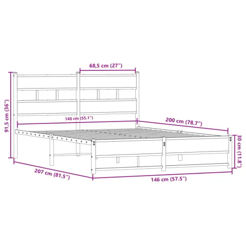 Metalni okvir kreveta bez madraca boja hrasta 140x200 cm - Dimljeni hrast 140 x 200 cm s uzglavljem i dvostrukim niskim podnožje Cijena