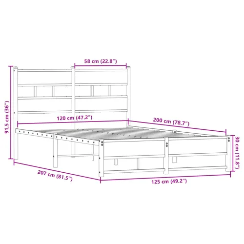 Metalni okvir kreveta bez madraca boja hrasta 120x200 cm - Dimljeni hrast 120 x 200 cm s uzglavljem i dvostrukim niskim podnožje Cijena