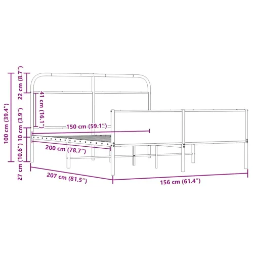 Metalni okvir kreveta bez madraca boja hrasta sonome 150x200 cm - sonoma hrast 150 x 200 cm s uzglavljem i visokim podnožjem Cijena