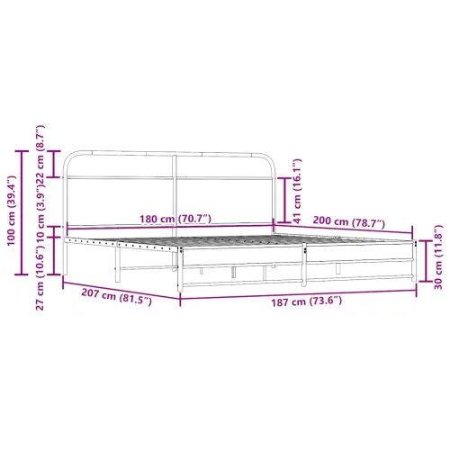 Metalni okvir kreveta bez madraca boja hrasta 180x200 cm - Dimljeni hrast 180 x 200 cm s uzglavljem i dvostrukim niskim podnožje Cijena