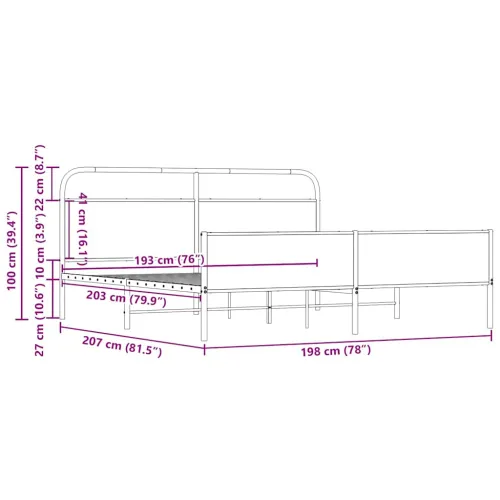 Metalni okvir kreveta bez madraca boja hrasta sonome 193x203 cm - sonoma hrast 193 x 203 cm s uzglavljem i visokim podnožjem Cijena