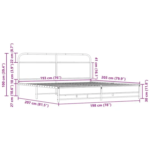 Metalni okvir kreveta bez madraca boja hrasta sonome 193x203 cm - sonoma hrast 193 x 203 cm s uzglavljem i dvostrukim niskim pod Cijena