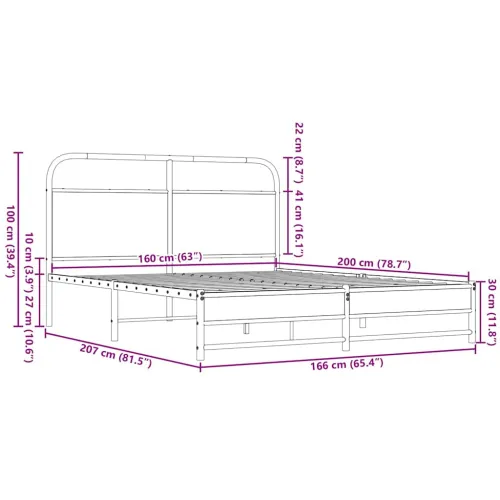 Metalni okvir kreveta bez madraca smeđa boja hrasta 160x200 cm - Smeđi hrast 160 x 200 cm s uzglavljem i dvostrukim niskim podno Cijena