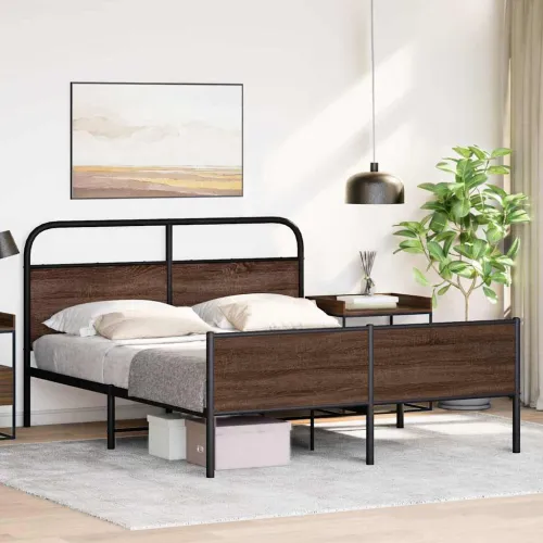 Metalni okvir kreveta bez madraca smeđa boja hrasta 150x200 cm - Smeđi hrast 150 x 200 cm s uzglavljem i visokim podnožjem Cijena