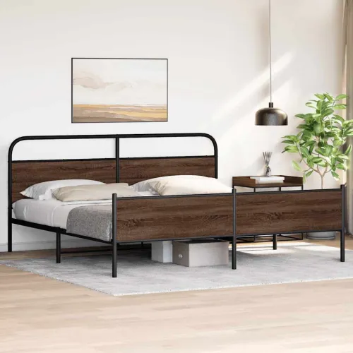 Metalni okvir kreveta bez madraca smeđa boja hrasta 200x200 cm - Smeđi hrast 200 x 200 cm s uzglavljem i visokim podnožjem Cijena