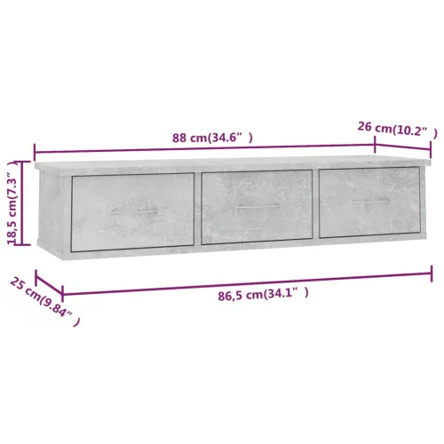 Zidna polica s ladicama 88x26x18,5 cm konstruirano drvo - Beton siva 90 cm Cijena
