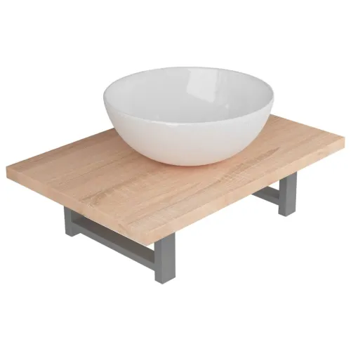 Dvodijelni set kupaonskog namještaja keramički boja hrasta - Smeđa polica od 60 cm i okrugli umivaonik od 32,5 cm 2 1 Cijena