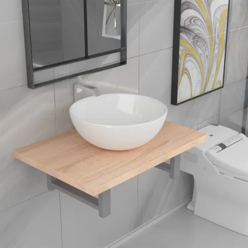 Dvodijelni set kupaonskog namještaja keramički boja hrasta - Smeđa polica od 60 cm i okrugli umivaonik od 32,5 cm 2 1 Cijena