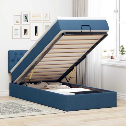 otoman okvir kreveta s madraca plavi 90x190cm od tkanine - Plava 90 x 190 cm Dizajn s gumbima Plava Cijena